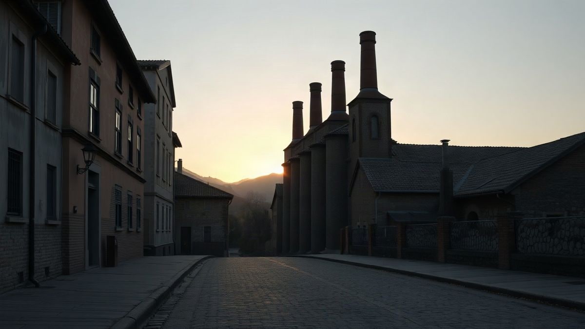 Illustrative image: chimneys of old brick factories silhouetted at sunset, with long shadows over an empty street
