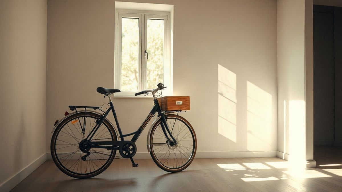 Illustrative image: a cargo bike leaning against a white wall in a room lit by side light from a window