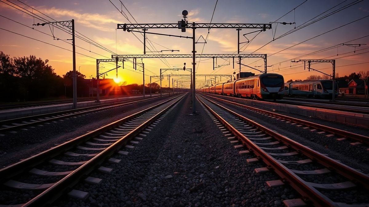 Imagen ilustrativa: vías de tren convergentes hacia una estación al atardecer