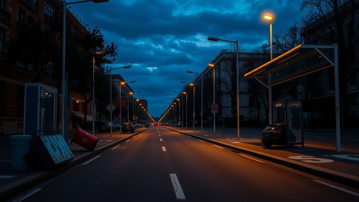 Illustrative image: empty urban avenue at sunset with damaged street furniture on the sidewalk