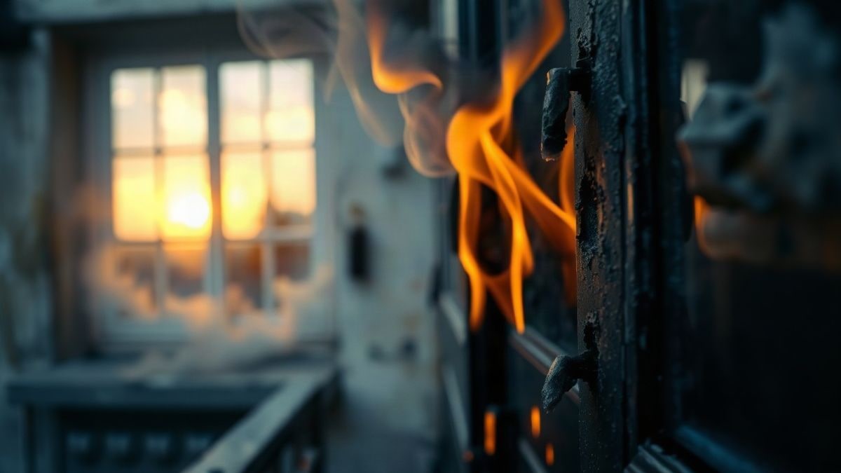 Imagen ilustrativa: primer plano de una puerta chamuscada por el fuego con hollín y pintura desconchada, reflejos de llamas en una ventana cercana
