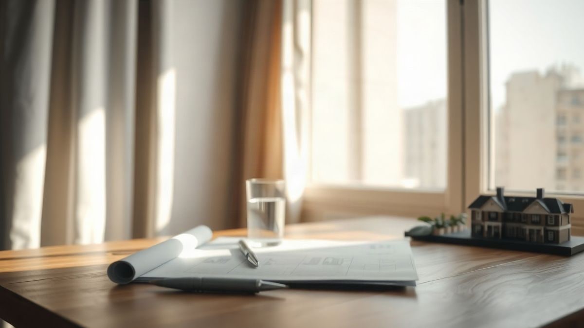 Illustrative image: empty wooden desk by a window with side light, closed folder and building model