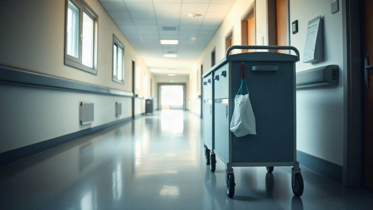 Imagen ilustrativa: carro de medicación en un pasillo de hospital vacío, con luz natural y fondo desenfocado