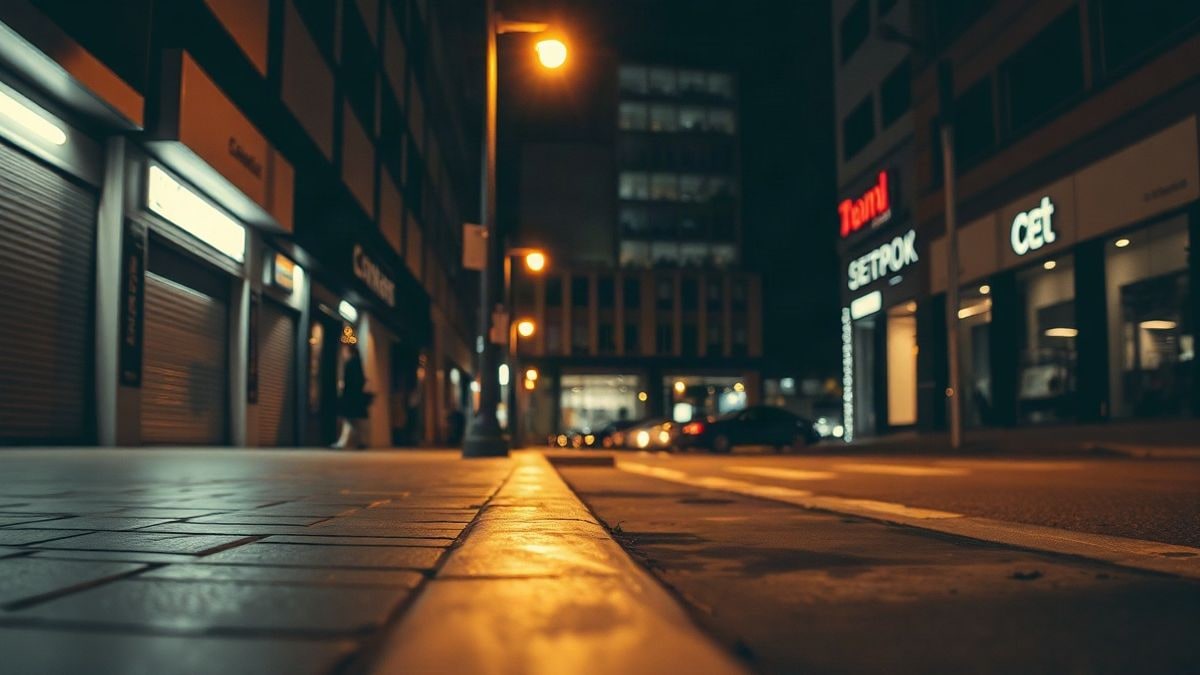 Imagen ilustrativa: calle urbana de noche iluminada por farolas y luz de neón tenue, sin personas