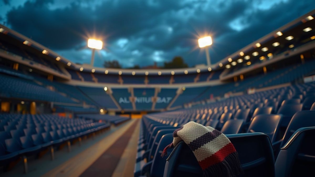 Imagen ilustrativa: gradas vacías de un estadio de fútbol al atardecer con una bufanda sobre un asiento en primer plano