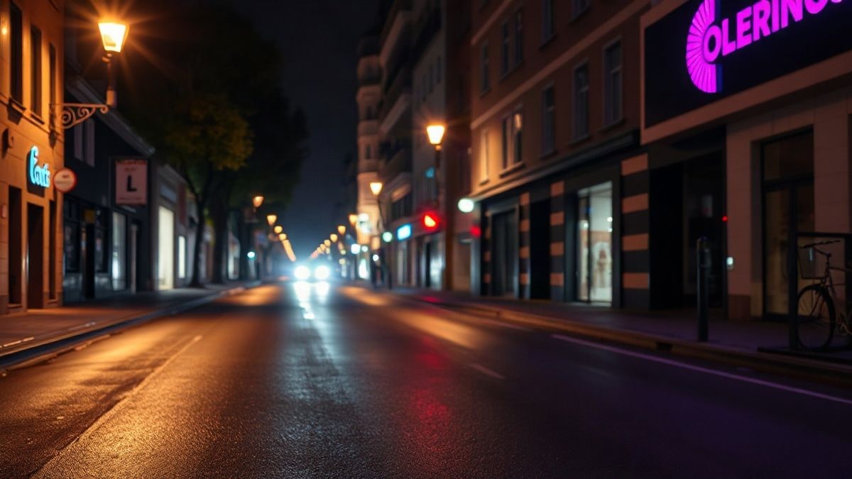 Illustrative image: an empty urban street at night illuminated by streetlights and a dim neon light on the wet asphalt
