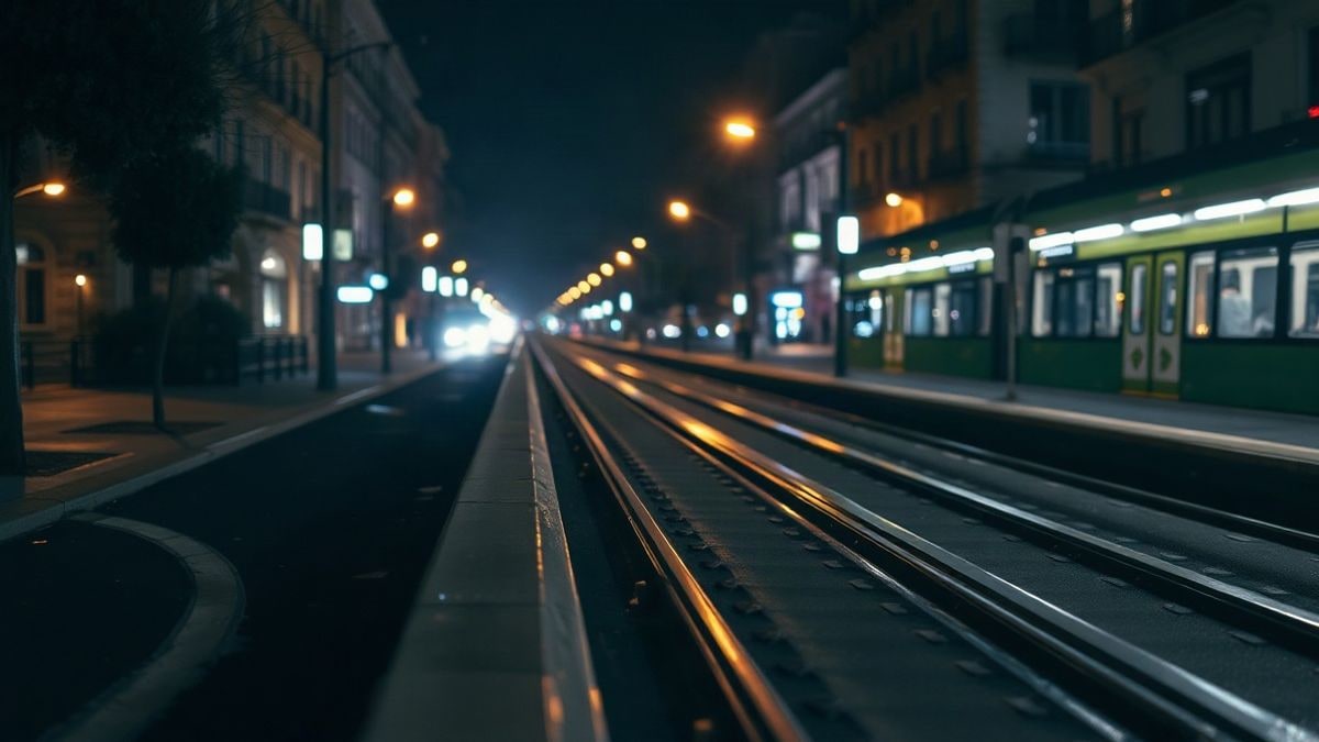 Imagen ilustrativa: vías de tranvía sobre asfalto mojado de una avenida urbana iluminada por farolas de noche