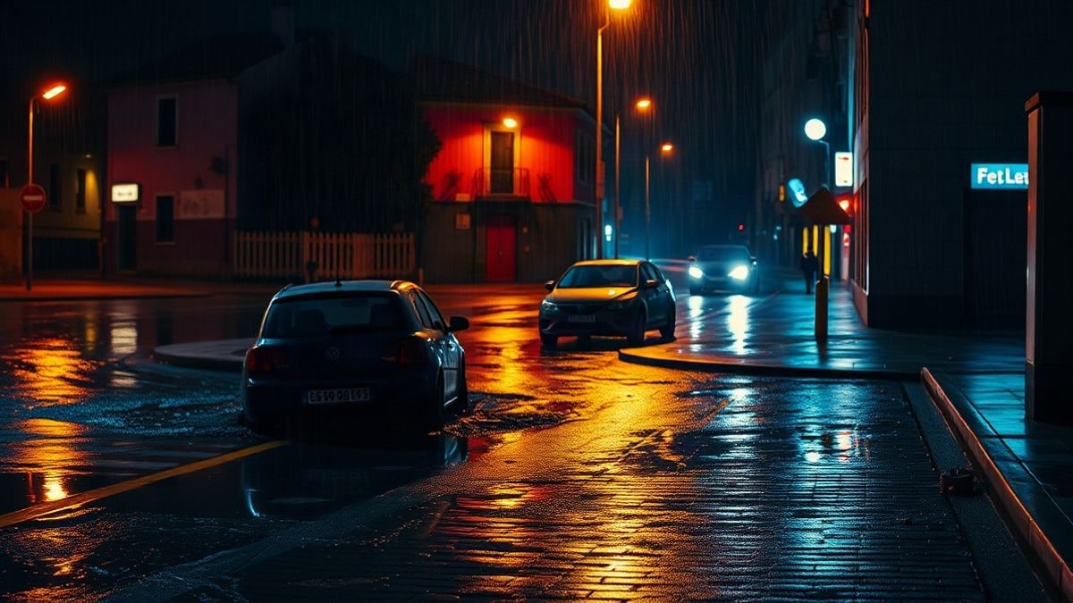 Imagen ilustrativa: calle inundada de noche con farolas reflejadas en el agua y un coche semisumergido