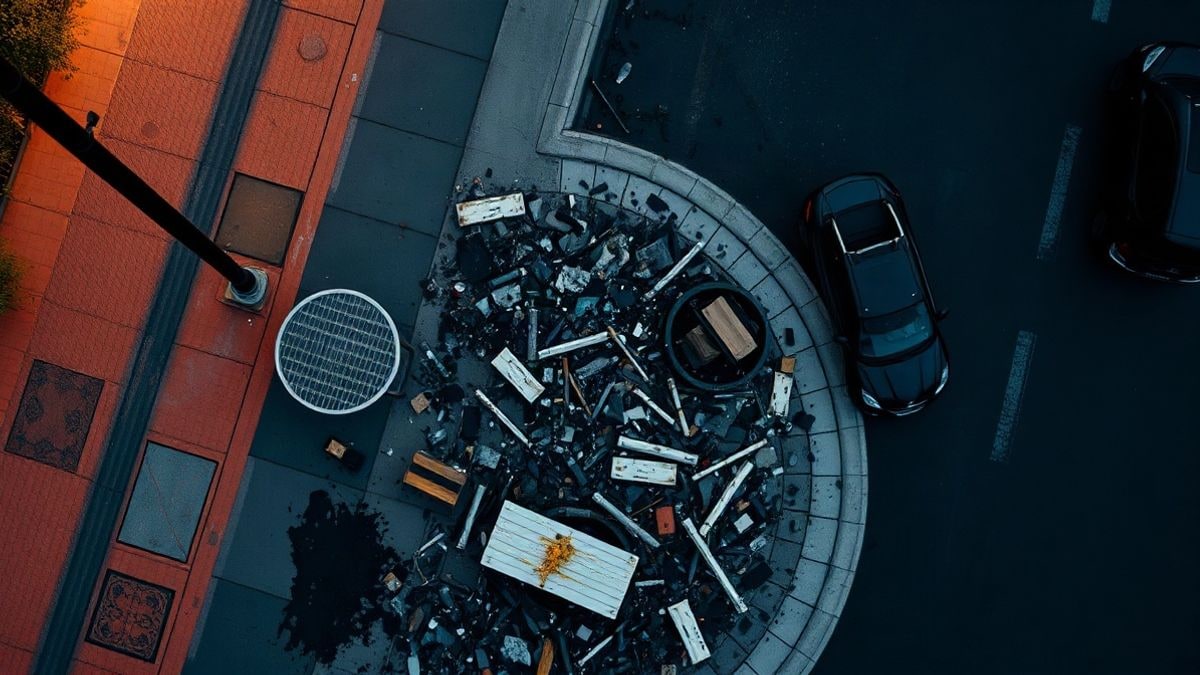 Illustrative image: aerial view of damaged urban furniture and debris on the wet asphalt of a street at sunset