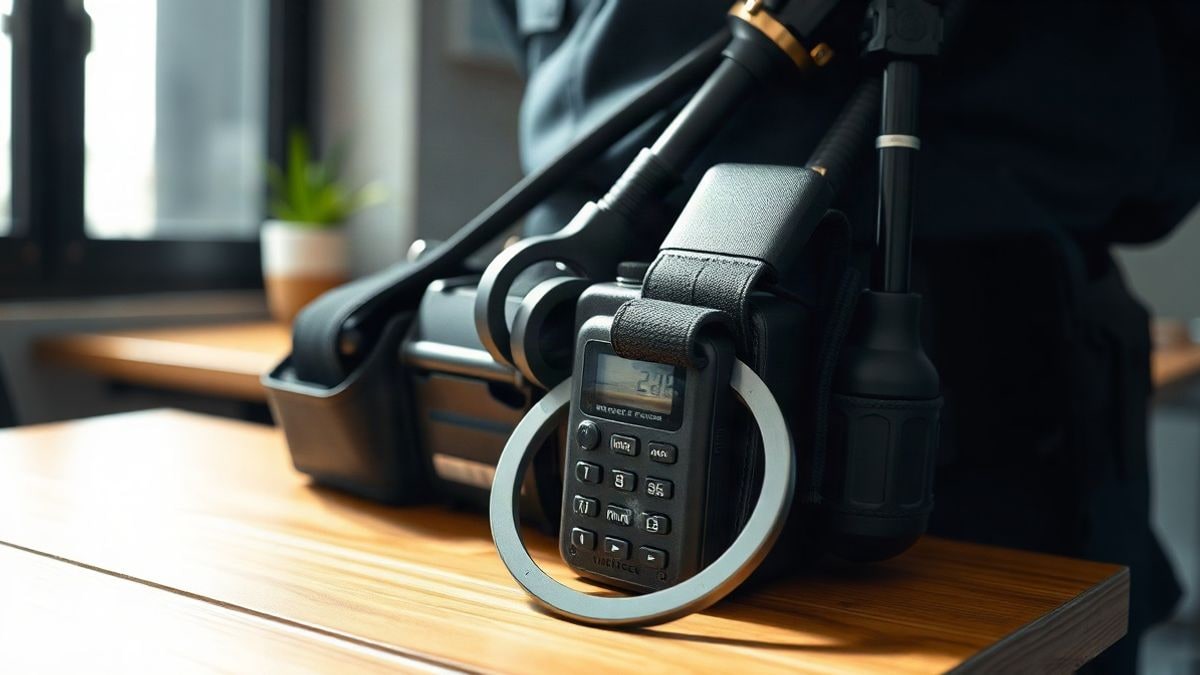 Imagen ilustrativa: cinturón policial con esposas y radio sobre una mesa en una comisaría