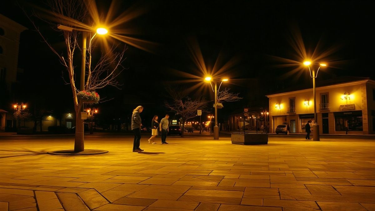 Imagen ilustrativa: plaza urbana mediterránea de noche iluminada por farolas