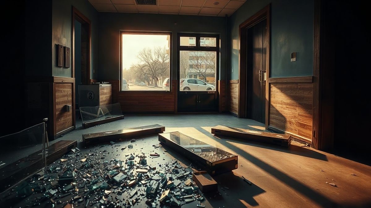 Imagen ilustrativa: interior de un comercio vacío con cristales rotos en el suelo, iluminado por la luz lateral de una ventana