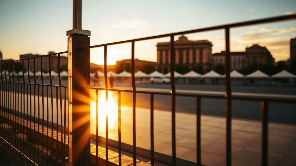 Illustrative image: silhouettes of posts and a metal fence backlit at an urban sunset