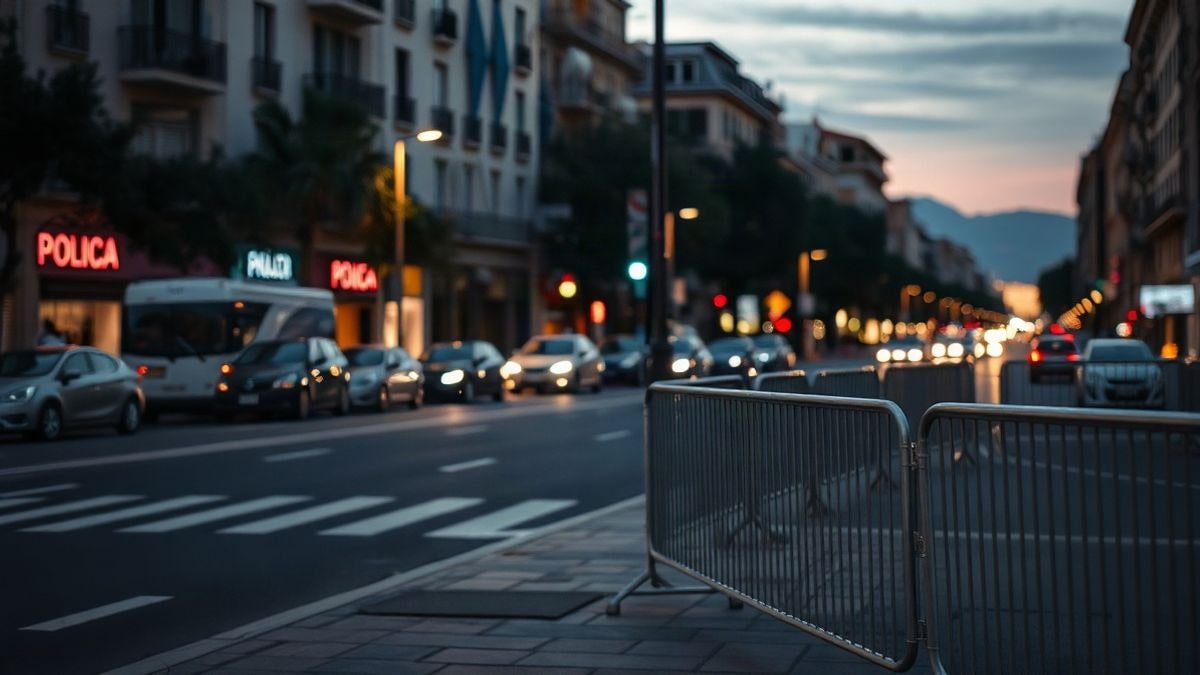 Illustrative image: police barriers on an urban street at sunset with blurred lights in the background