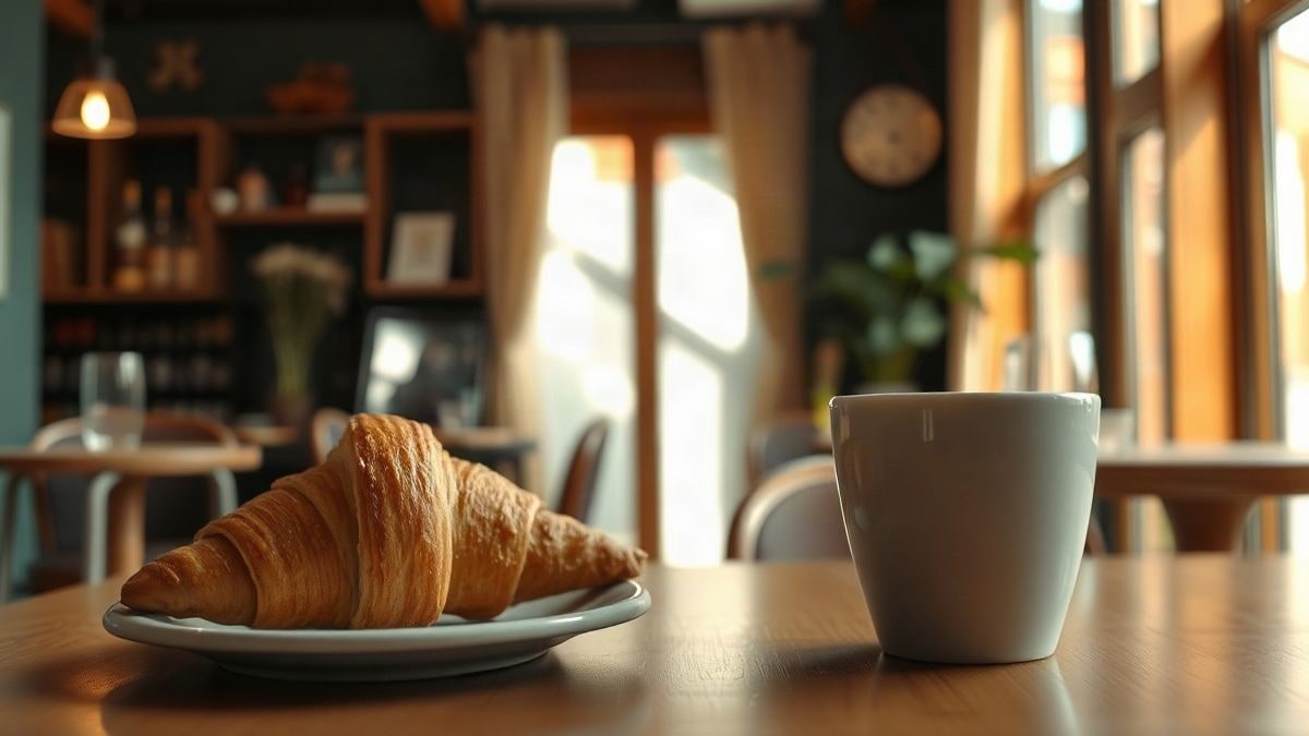 Imagen ilustrativa: una taza de café y un cruasán a medio comer sobre la mesa de un bar, con el interior del local desenfocado al fondo.