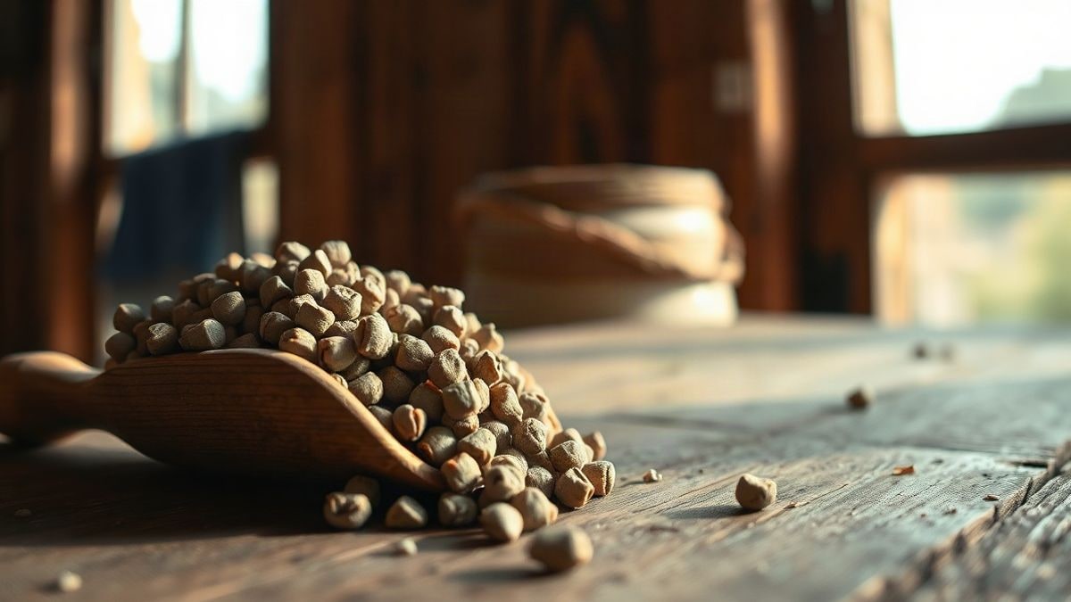 Illustrative image: close-up of a wooden scoop with rabbit feed on a rustic table