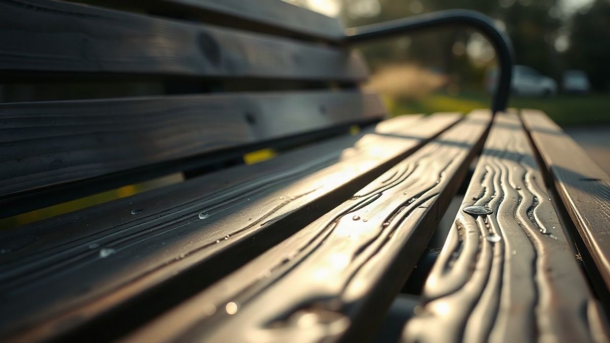 Illustrative image: detail of a wooden bench with dew drops under soft morning light