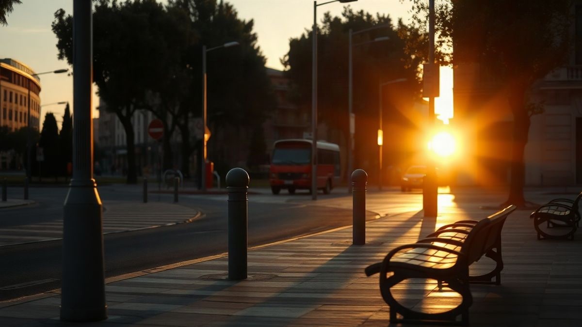 Imagen ilustrativa: calle urbana vacía al atardecer, con bolardos y bancos metálicos recortados a contraluz y sombras largas