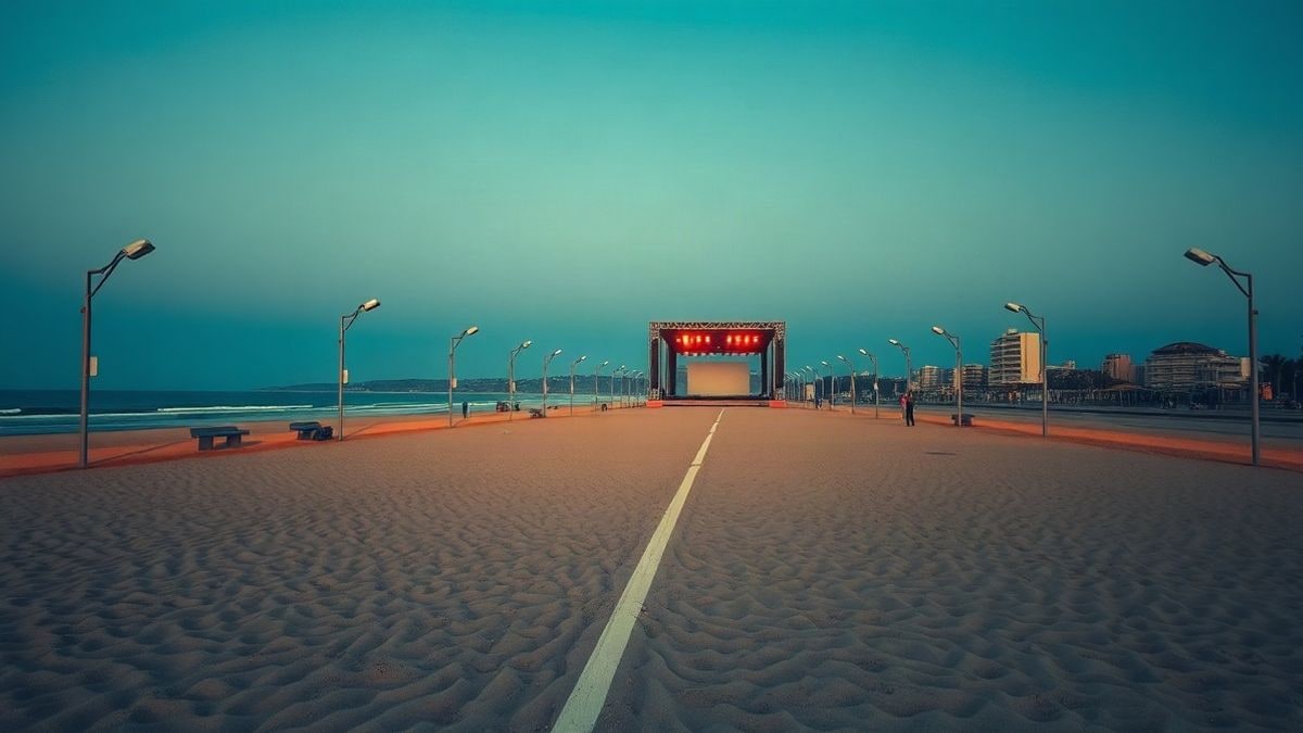 Imagen ilustrativa: paseo marítimo vacío al atardecer con estructura de escenario en la playa