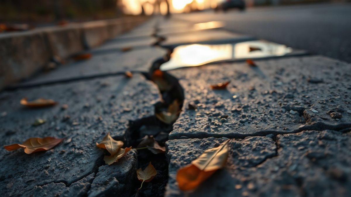 Illustrative image: detail of cracked concrete pavement at sunset, with dry leaves and dramatic natural light