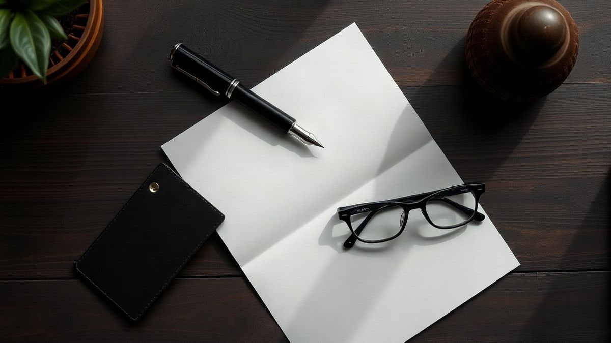 Illustrative image: a folded letter, a fountain pen, and glasses on a wooden table viewed from above