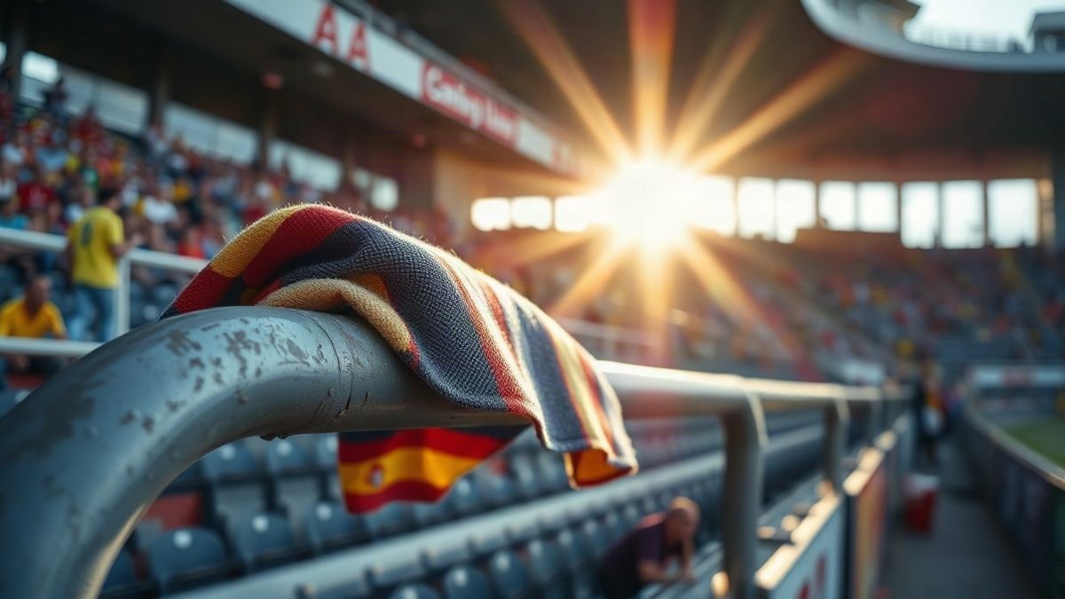 Illustrative image: metal railing of a stadium with a scarf wrapped around it at sunset