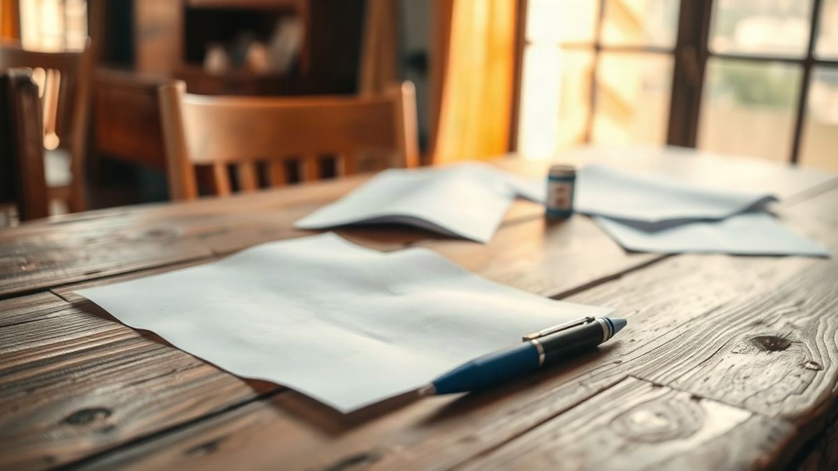 Illustrative image: detail of a wooden table with folded papers and a pen on the surface