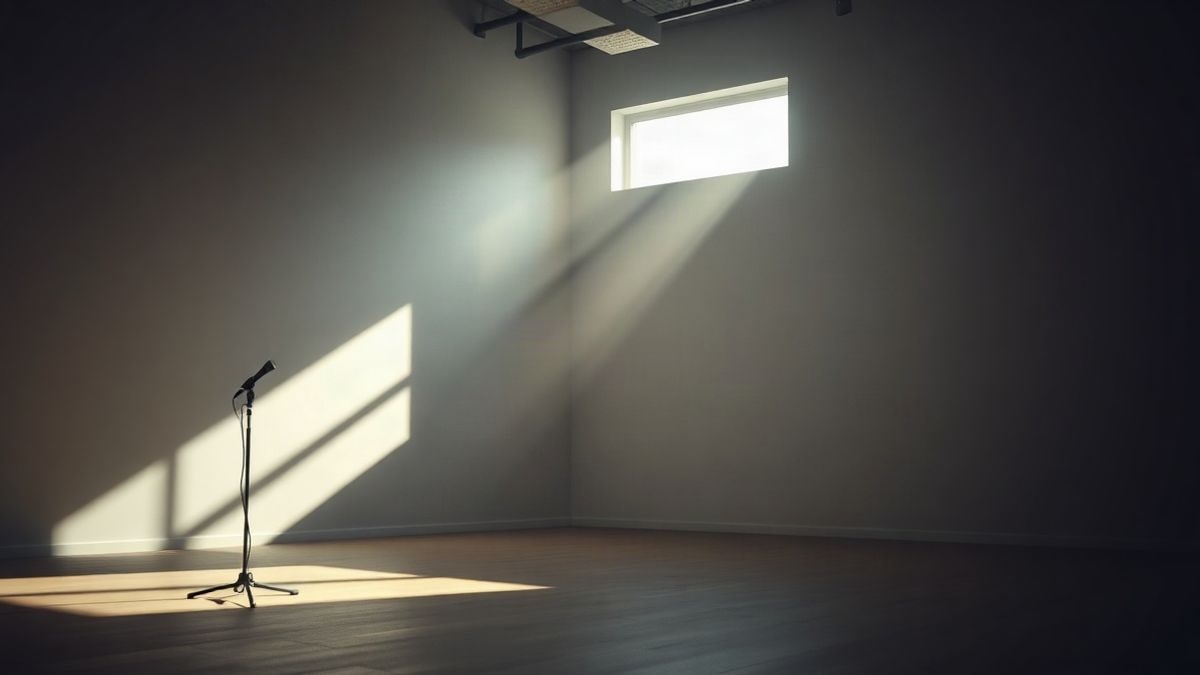 Illustrative image: an empty press room with a microphone and natural light