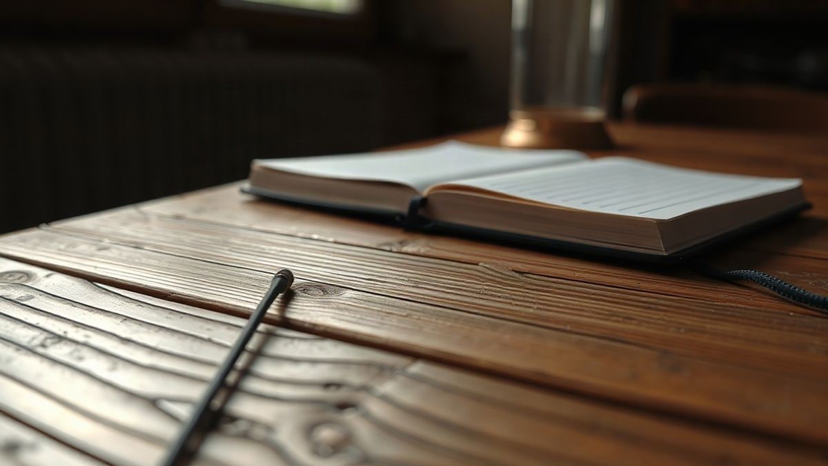 Imagen ilustrativa: detalle de una mesa de madera envejecida con una libreta cerrada, iluminada por luz natural de ventana