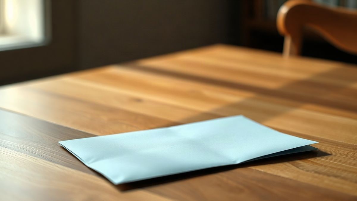 Imagen ilustrativa: papeleta doblada y sobre azul sobre una mesa de madera iluminada por luz natural
