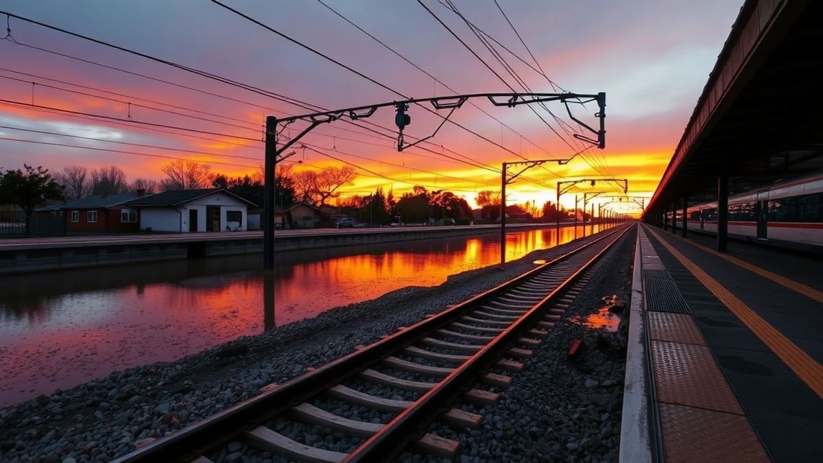 Illustrative image: suburban train tracks flooded at sunset after a storm, with water covering the rails and the catenary in the background
