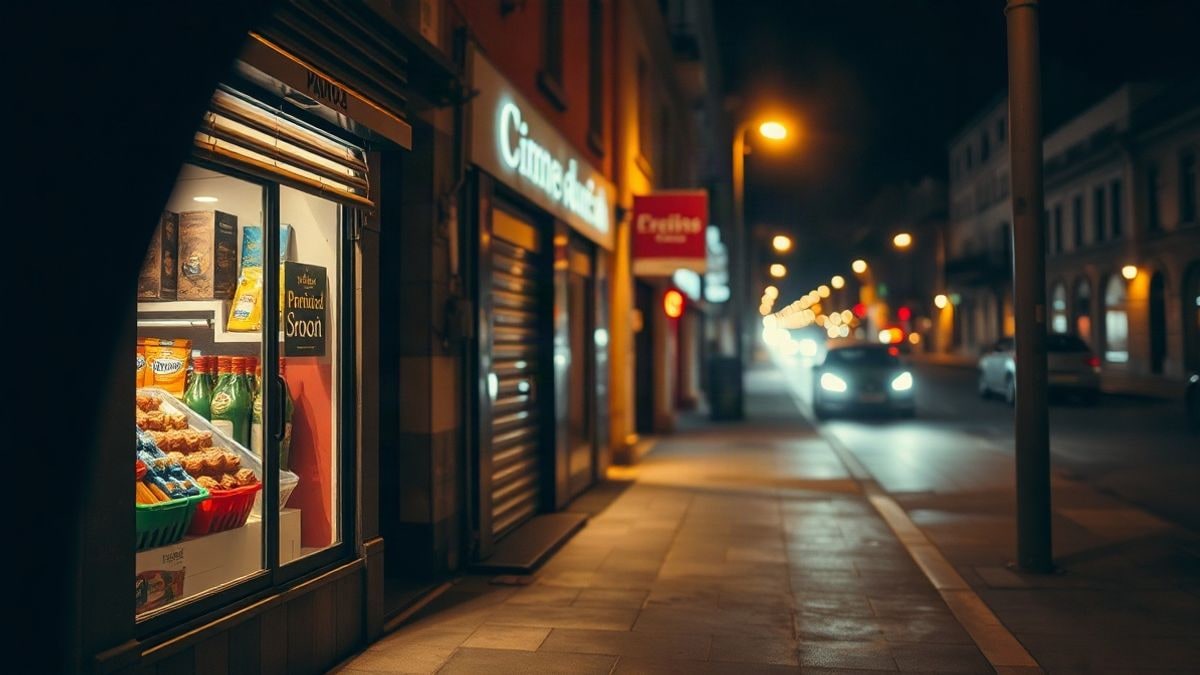 Imagen ilustrativa: fachada de una pequeña tienda de barrio iluminada por la noche