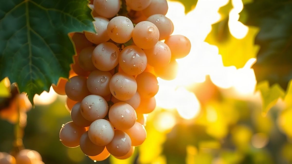 Imagen ilustrativa: primer plano de un racimo de uva blanca madura entre hojas de viña al atardecer