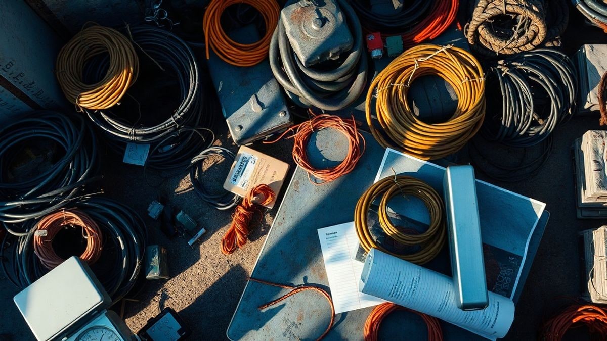 Imagen ilustrativa: vista cenital de un almacén de chatarra con cables de cobre y una báscula