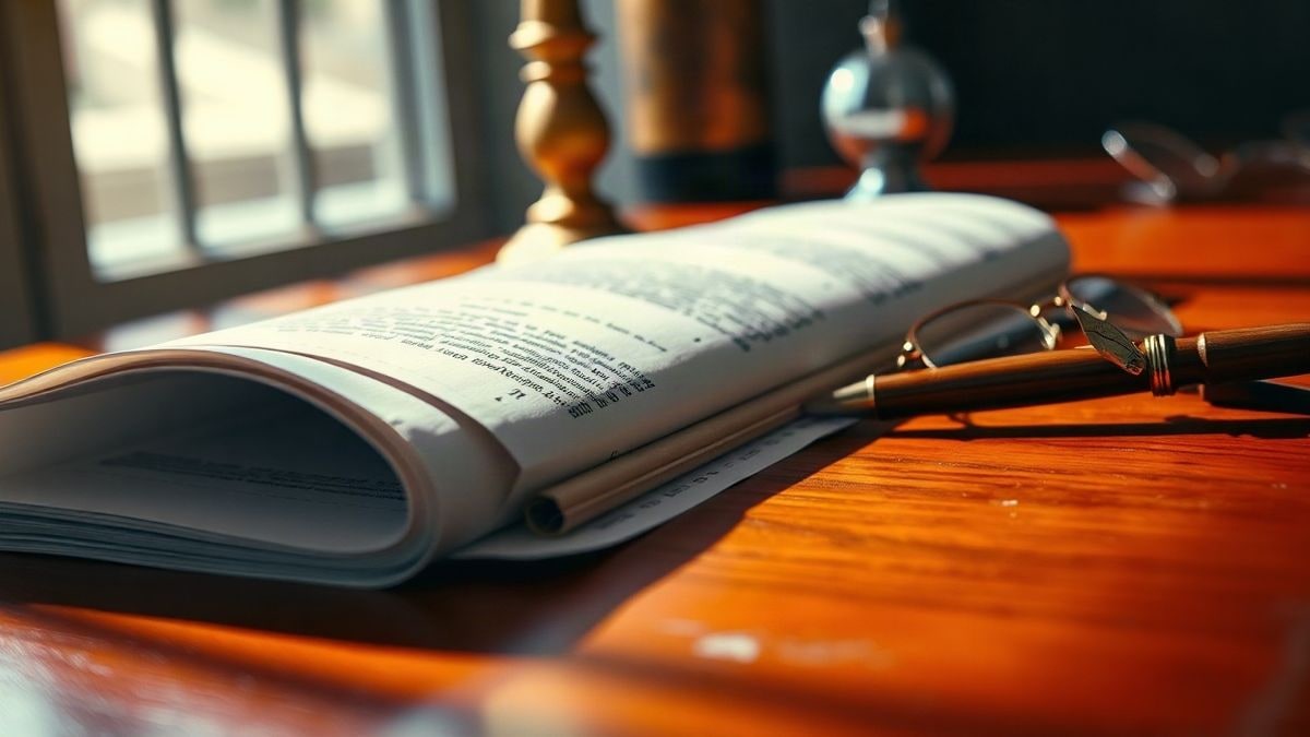 Imagen ilustrativa: primer plano de un documento doblado sobre una mesa de madera con una pluma y gafas de lectura