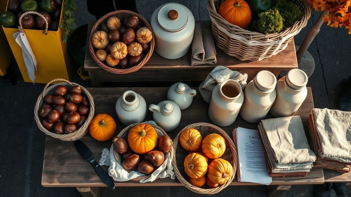 Imagen ilustrativa: mesa de madera de un puesto de feria de otoño vista desde arriba, con castañas, calabazas y tarros de cerámica