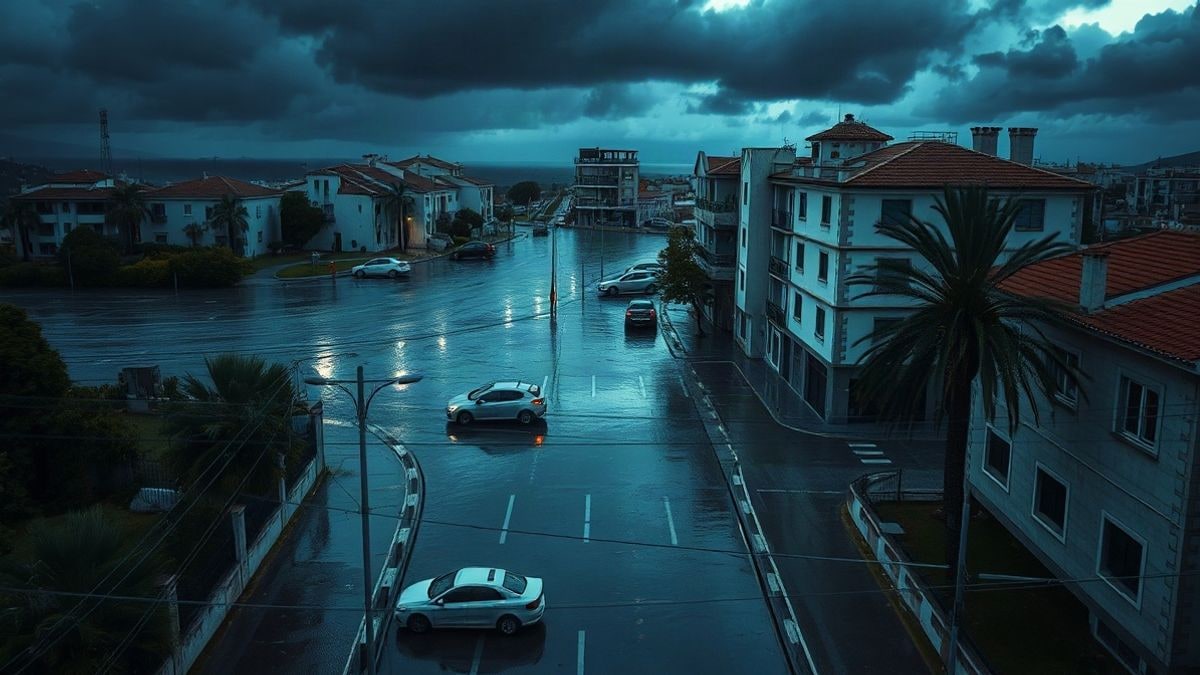 Illustrative image: overhead view of a flooded street under heavy rain in a generic urban setting