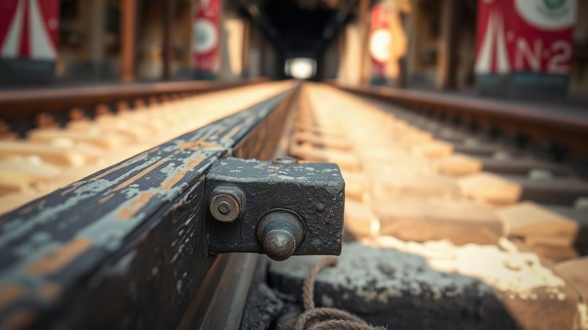 Imagen ilustrativa: primer plano de un carril de hierro antiguo con remaches oxidados sobre una traviesa de madera