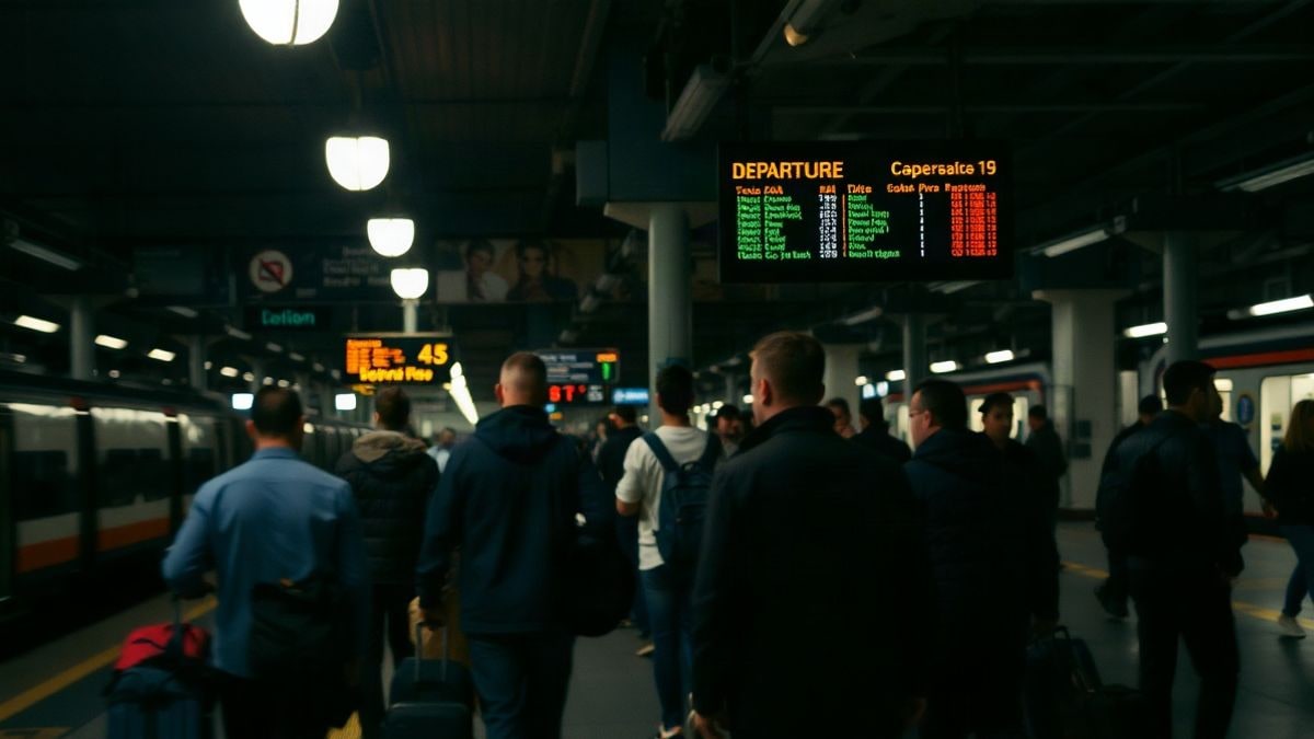 Imagen ilustrativa: andén de estación ferroviaria de noche con viajeros y equipajes desenfocados