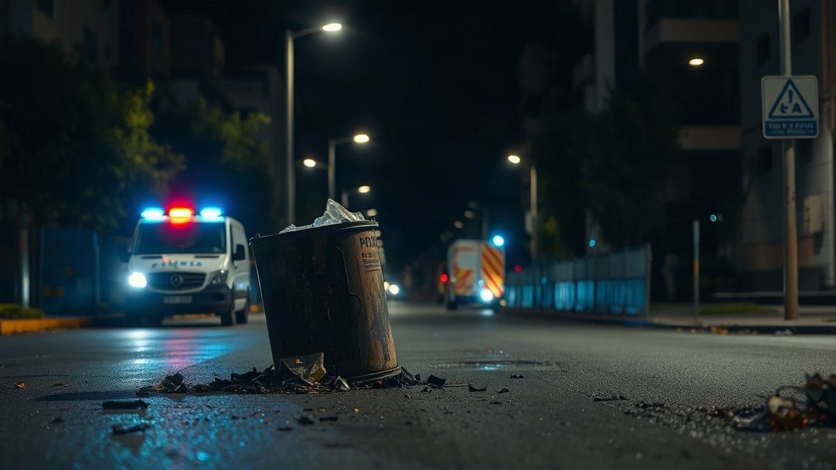 Imagen ilustrativa: contenedor quemado y restos en una calle nocturna con luces policiales al fondo