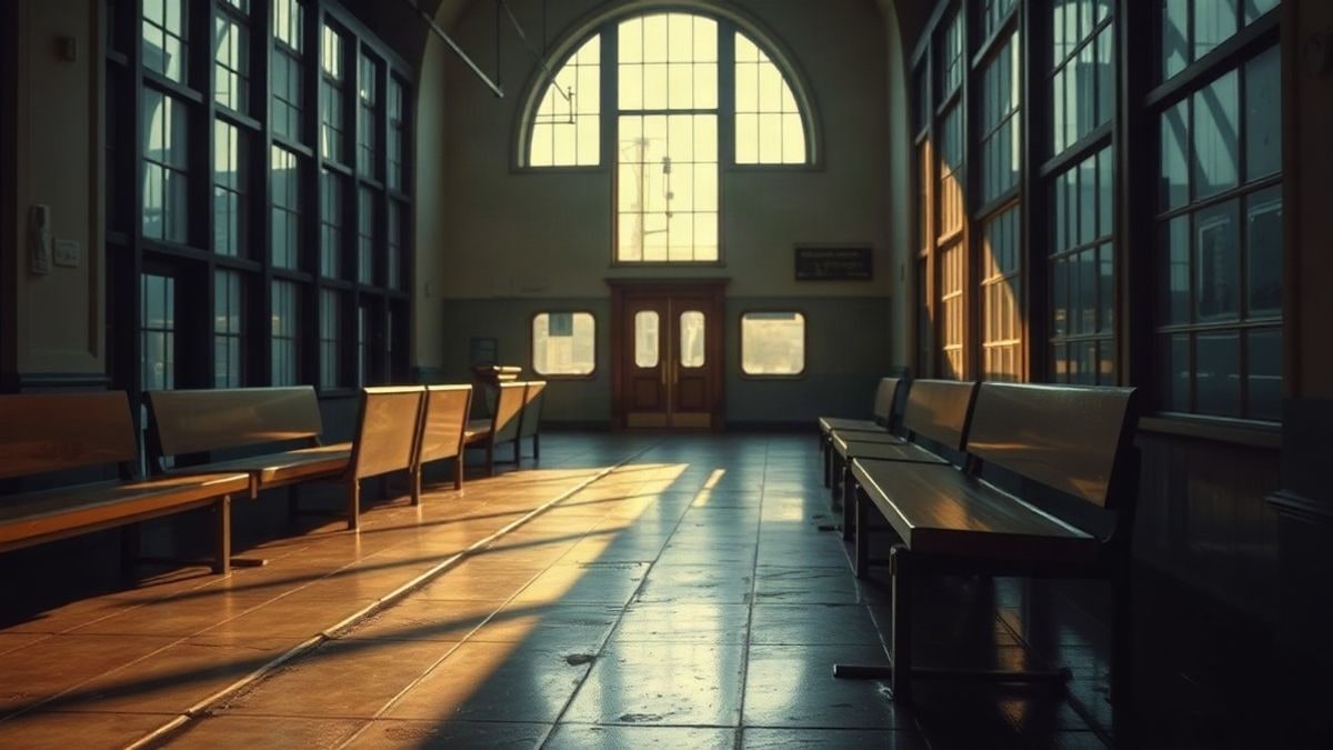 Illustrative image: station platform with side light and wet floor