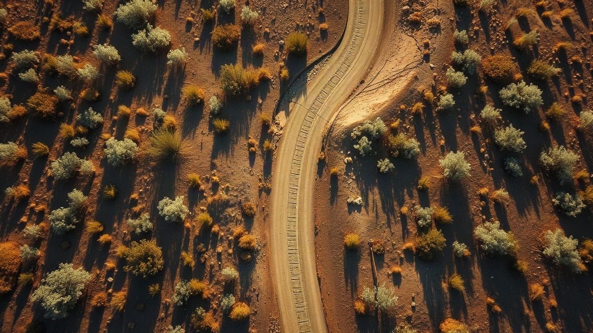 Imagen ilustrativa: vista cenital de un paisaje estepario seco con vegetación baja y un camino de tierra