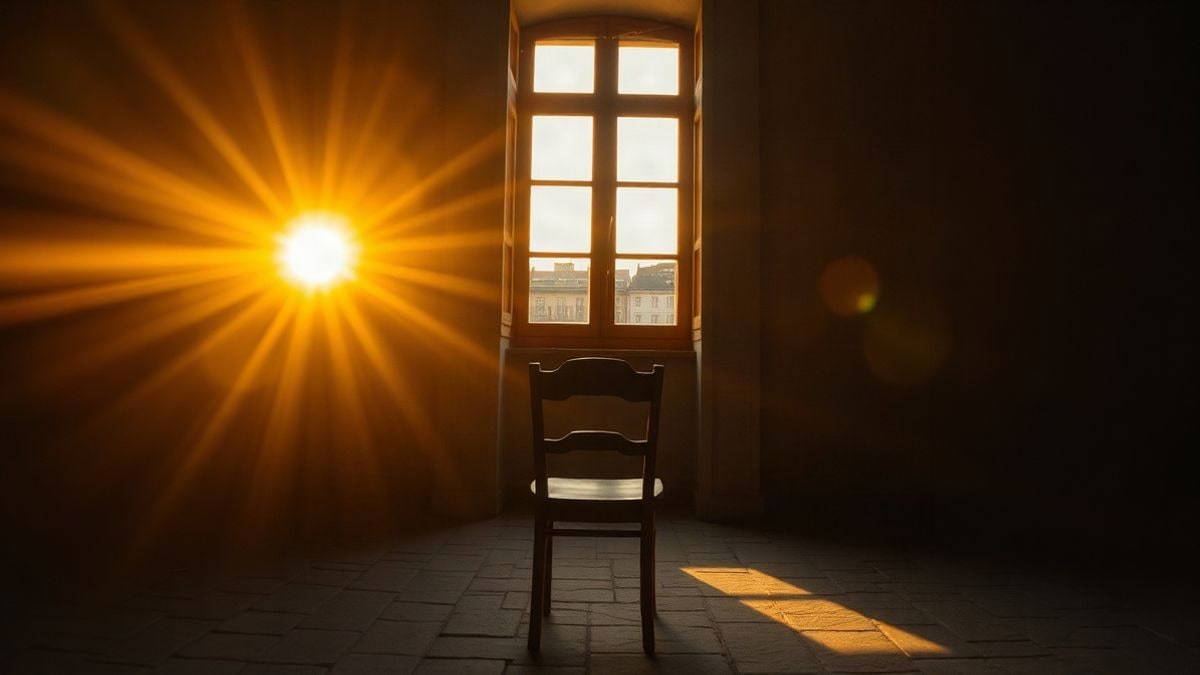 Illustrative image: a wooden chair in front of a tall window, with long shadows on the floor at sunset