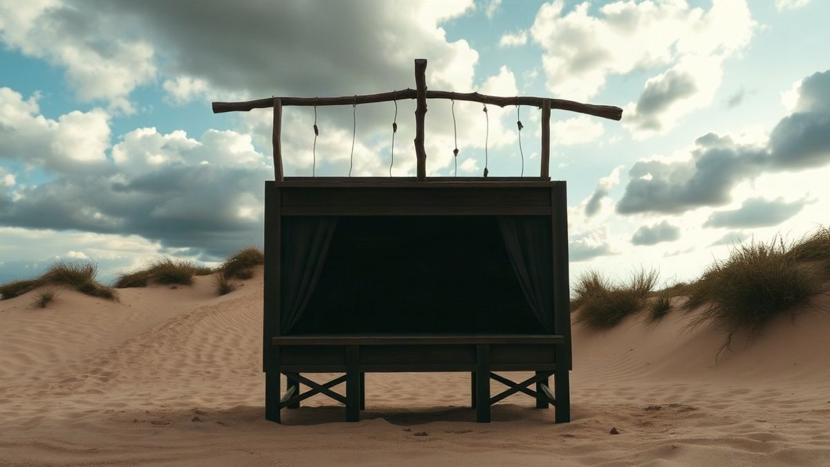 Illustrative image: a small empty wooden puppet stage on the ground, with a dramatic sky backdrop at sunset