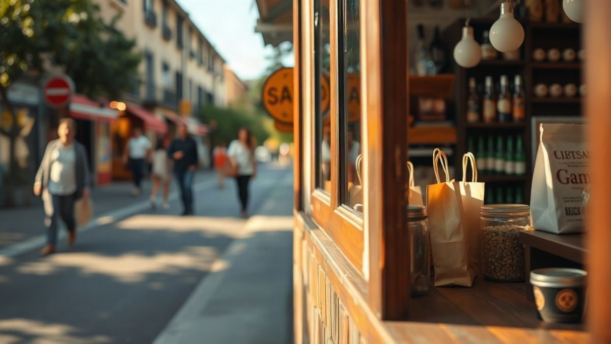 Illustrative image: shop window of a local store with paper bags and local products at sunset