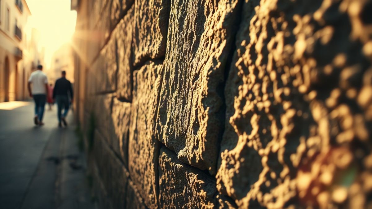 Imagen ilustrativa: detalle de un muro de piedra envejecido iluminado por la luz baja del atardecer