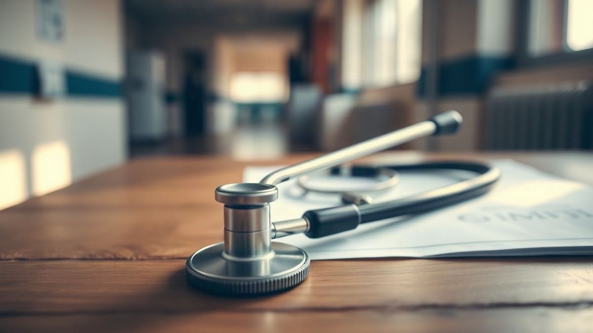 Illustrative image: a stethoscope on a wooden table next to documents, with a blurred corridor in the background