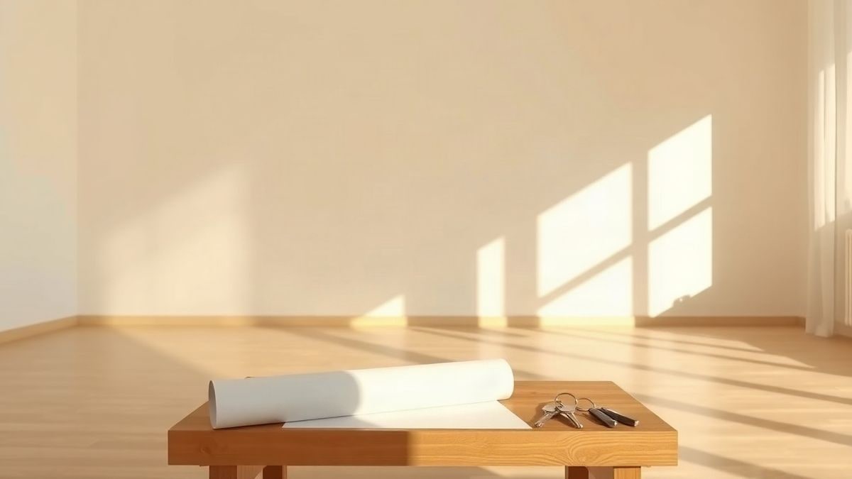 Illustrative image: a bright, empty flat at sunset, with keys and a rolled-up plan on a wooden table