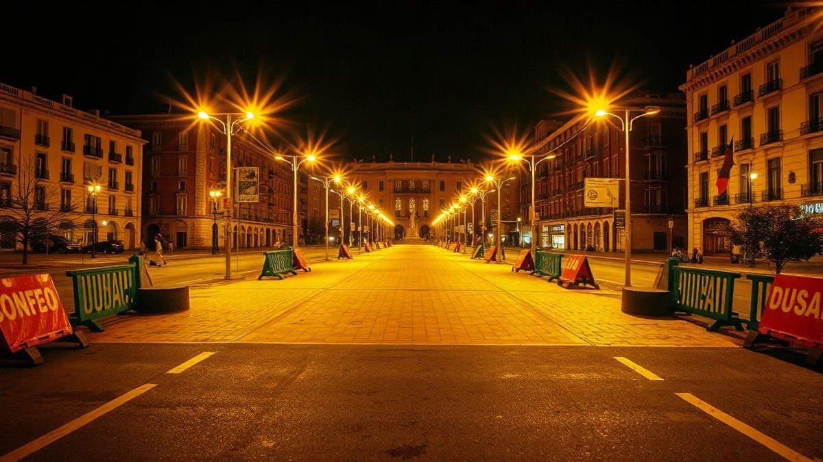 Illustrative image: urban square at night with barricades and debris on the ground