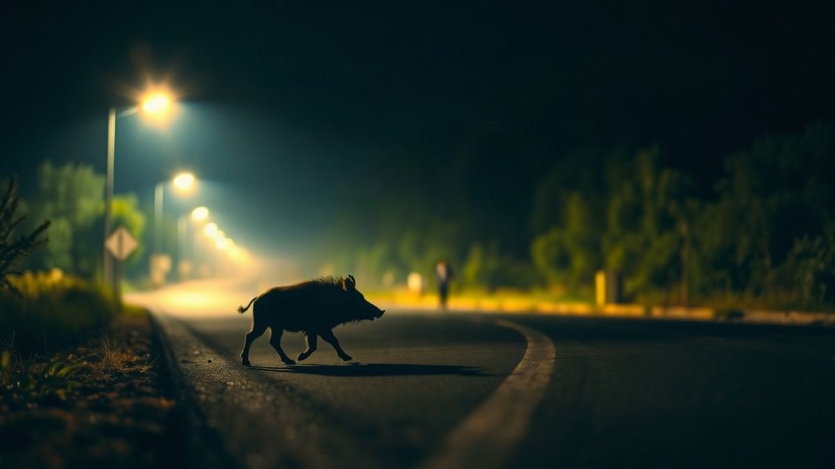 Imagen ilustrativa: un jabalí cruza de noche una carretera iluminada por farolas